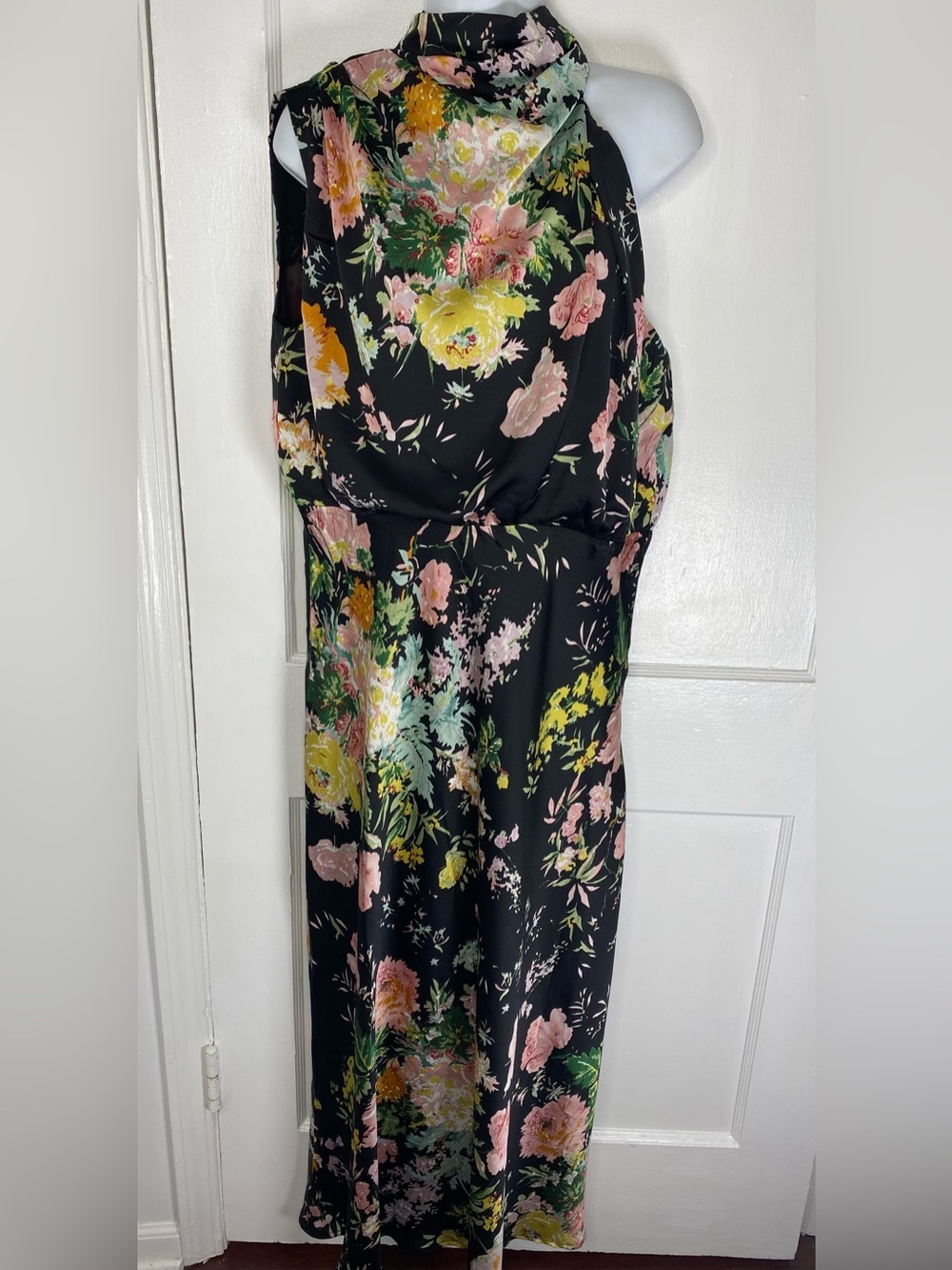 Petal & Pup Annabelle Funnel Neck Satin Black Floral Sleeveless Midi Dress